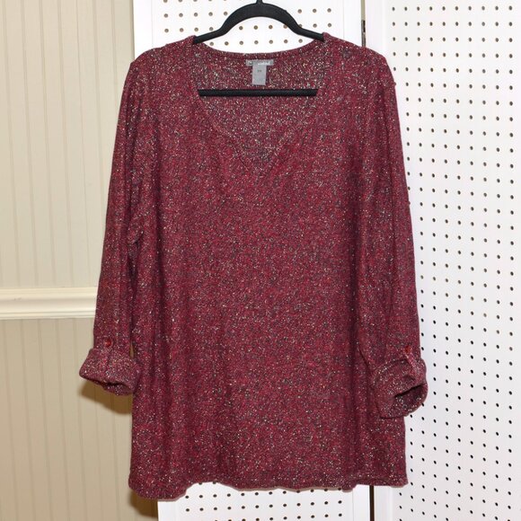 Plus Size 3X New Directions Weekend Sparkly Metallic Burgundy Wine Red Sweater - Picture 1 of 9